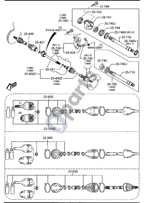 Mazda 2 priekiniai pusašiai – schema