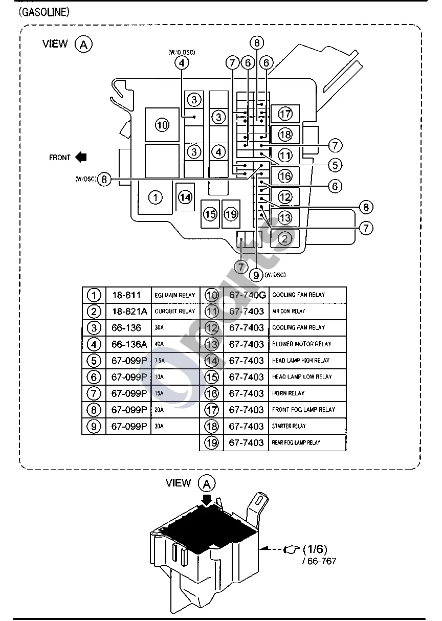 Mazda 2 (2007–2014) Priekinės ir galinės laidų pynės (benzinas) schema – pozicija 18821A: Grandinės relė