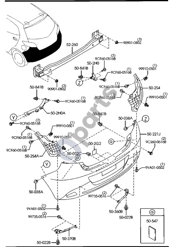 Mazda 2 galinis bamperis – schema