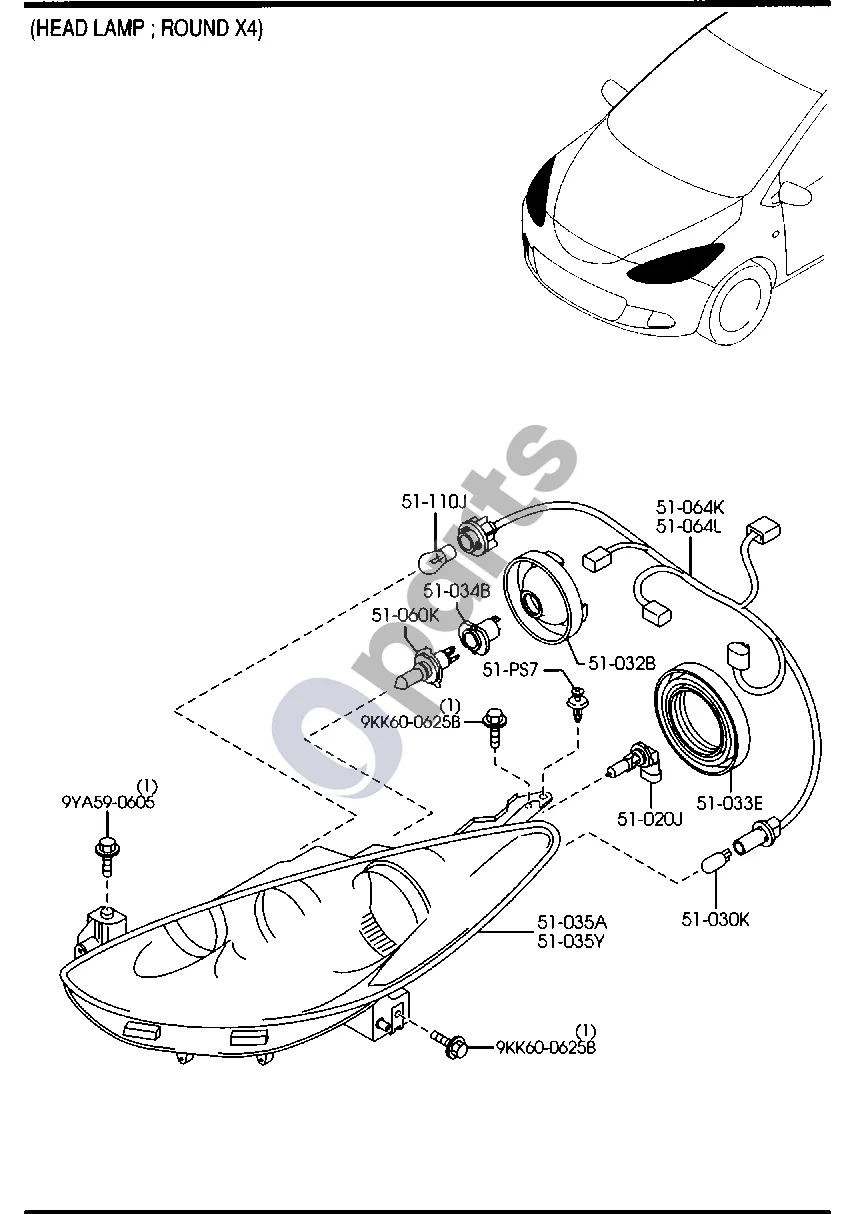 Mazda 2 (2007–2014) Priekiniai žibintai (priekinis žibintas; apvalus X4) schema – pozicija 51034B: Lemputės laikiklis