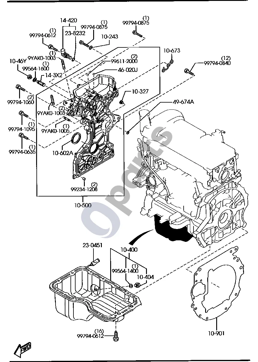 Mazda 2 (2007–2014) Alyvos karteris ir paskirstymo diržo dangtis (benzinas) schema – pozicija 10602A: Alyvos sandariklis