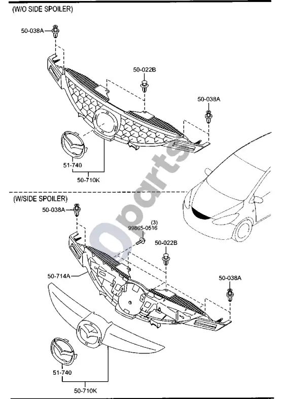 Mazda 2 radiatoriaus grotelės – schema