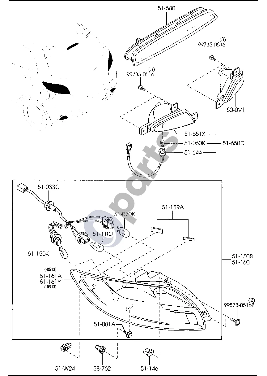 Mazda 2 (2007–2014) Galiniai kombinuotieji žibintai schema – pozicija 51146: Guminė įvorė, varžtas - galinis žibintas