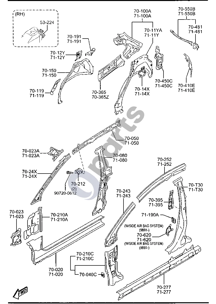 Mazda 2 (2007–2014) Šoninės apkalos (3 durų) schema – pozicija 71190A: Veržlės plokštelė