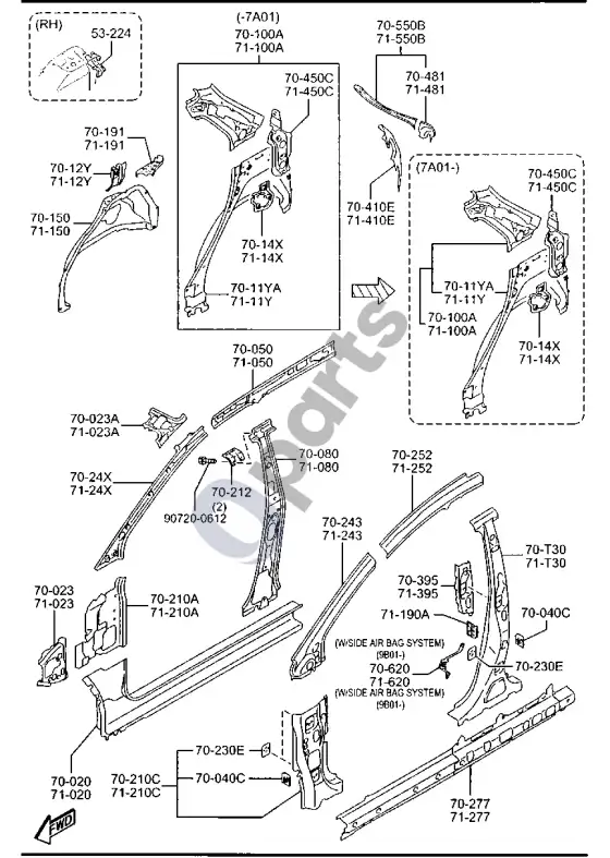 Mazda 2 šoninės apkalos – schema