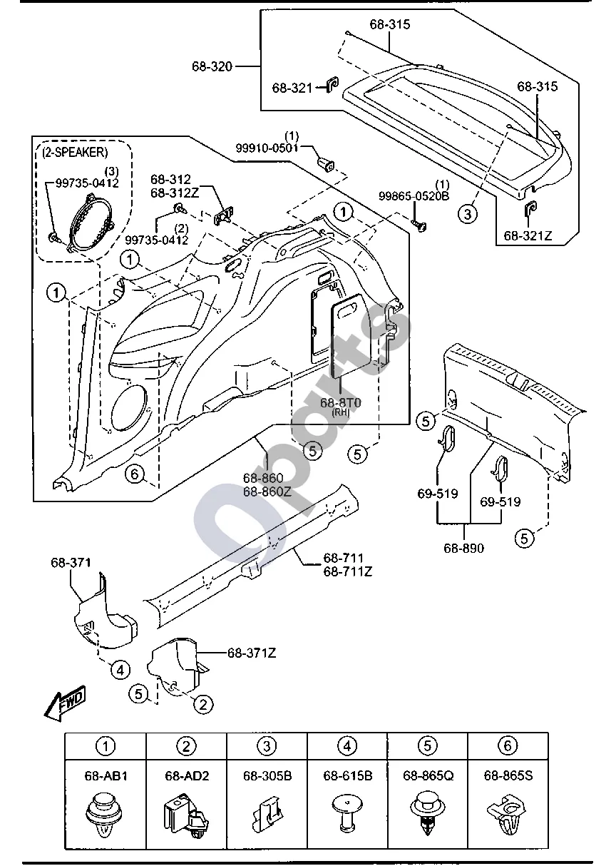 Mazda 2 (2007–2014) Apdailos ir slenksčių apmušalai (3 durų) schema – pozicija 68865S: Apdailos spaustukas