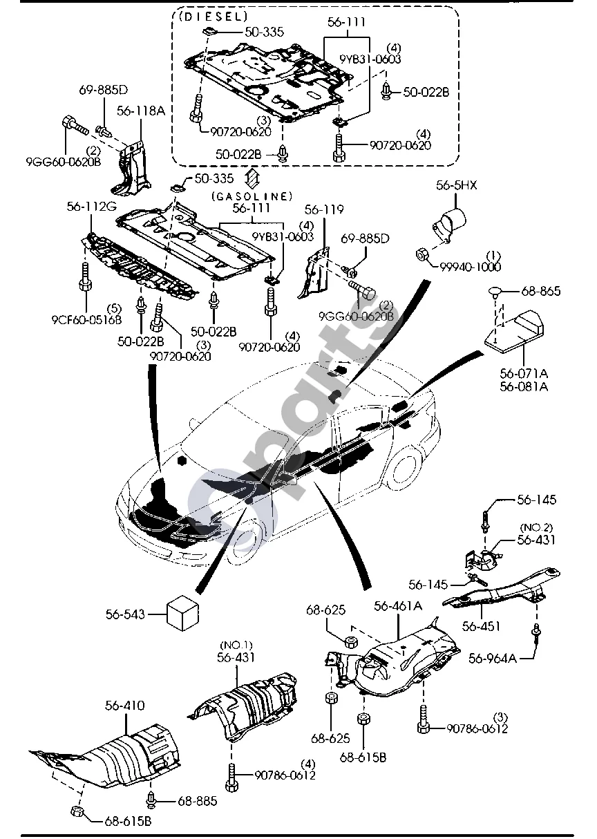Mazda 3 I (2003–2006) Grindų tvirtinimo detalės schema – pozicija 50335: Veržlė su spaustuku