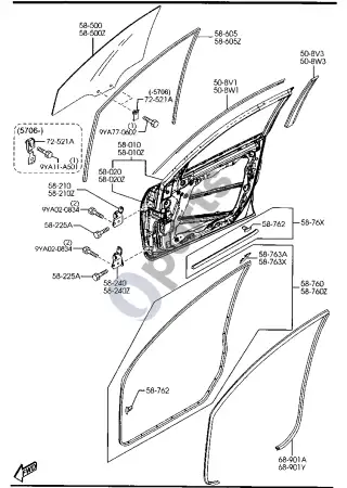 Mazda 3 I (2003–2006) Priekinės durys – schema
