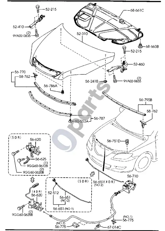 Mazda 3 I variklio dangtis – schema