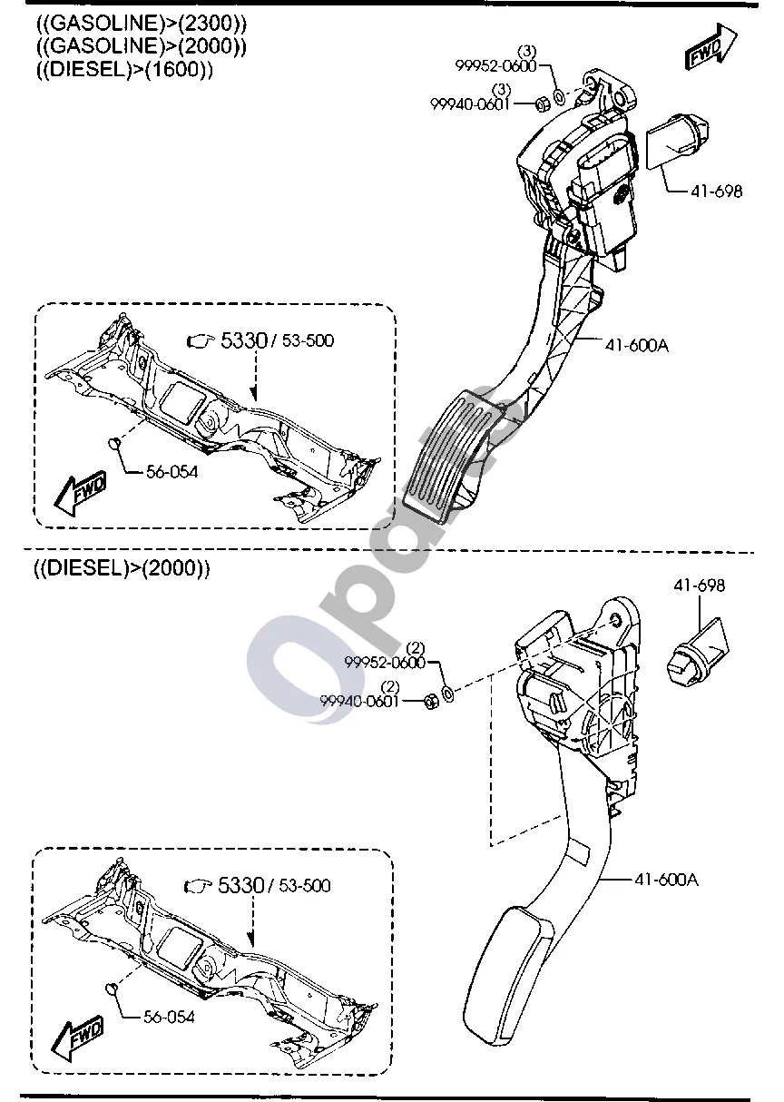 Mazda 3 II (2009–2013) Akceleratoriaus valdymo sistema (benzininis, 2000CC ir 2300CC) ir (dyzelinis) schema – pozicija 41600A: Akceleratoriaus pedalas