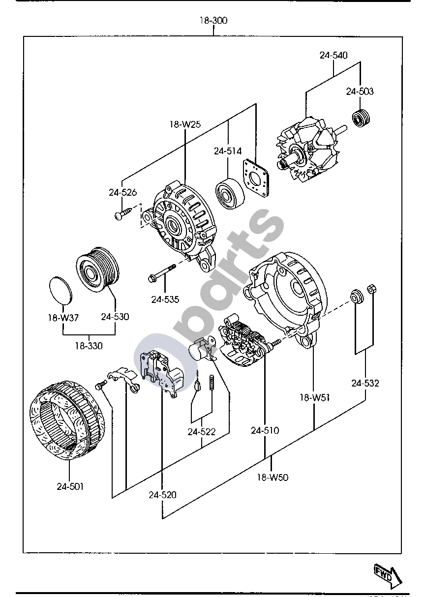 Mazda 3 II (2009–2013) Generatorius (dyzelinis, 2000CC) schema – pozicija 18300: Generatorius