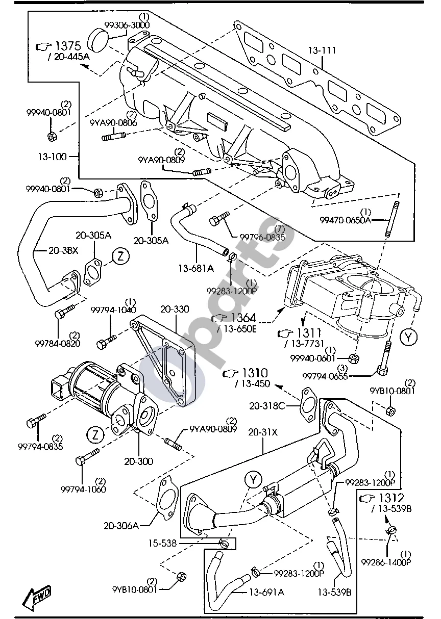 Mazda 3 II (2009–2013) Įsiurbimo kolektorius (dyzelinas, 2000 cm³) schema – pozicija 20305A: EGR vožtuvo tarpiklis