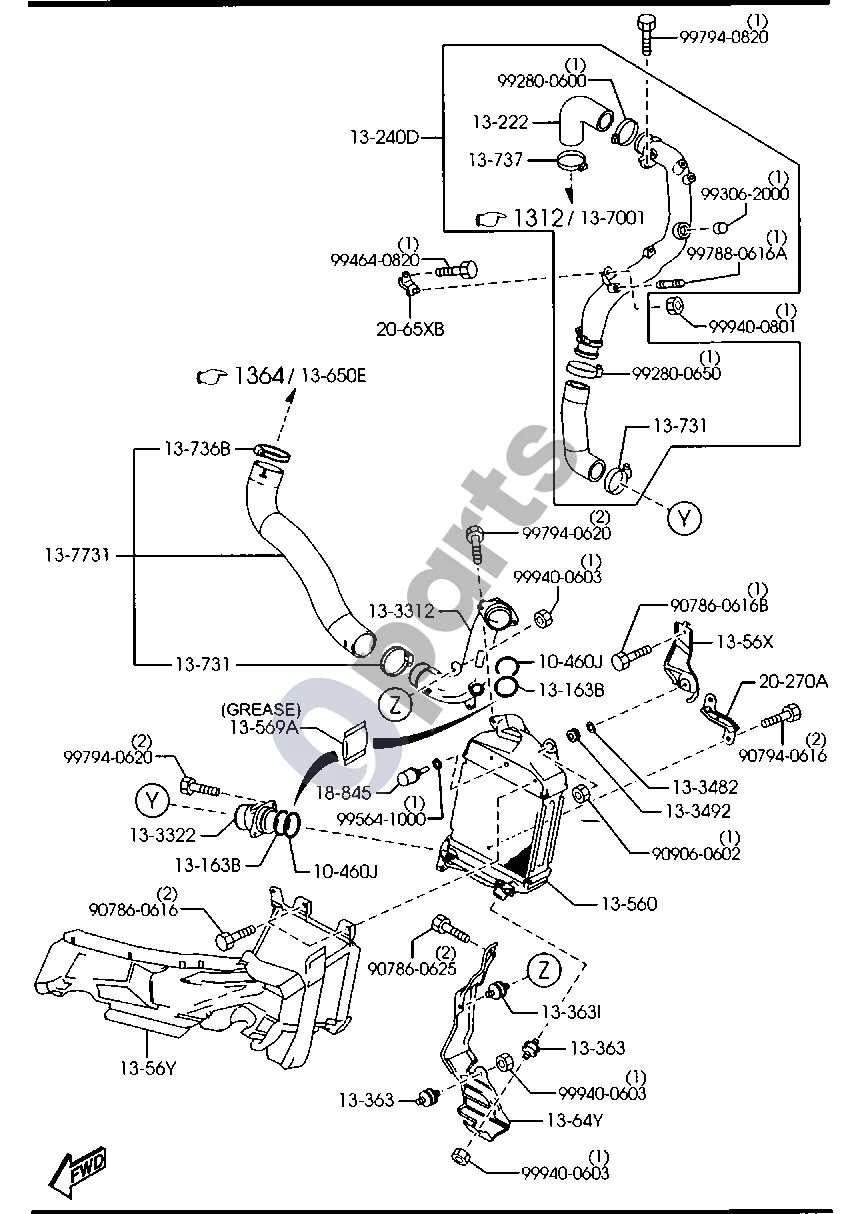 Mazda 3 II (2009–2013) Tarpinis suspausto oro aušintuvas (dyzelinas, 2000 cm³) schema – pozicija 18845: Įsiurbiamo oro temperatūros jutiklis