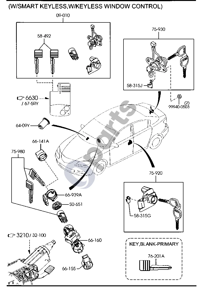 Mazda 3 II (2009–2013) Raktų komplektai (4 durų, su išmaniuoju raktu, su nuotoliniu langų valdymu) schema – pozicija 66141A: Uždegimo rankenėlė