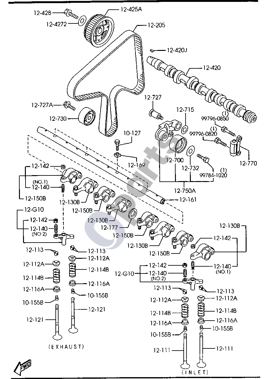 Mazda 3 II (2009–2013) Vožtuvų sistema (dyzelinas, 2000CC) schema – pozicija 12750A: Svirtis, įtempiklio