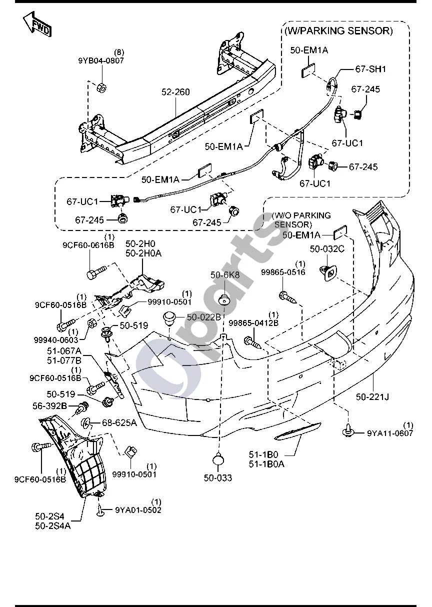 Mazda 3 II (2013–2016) Galinis bamperis (4 durų) schema – Atšvaitas (kairė), galinis