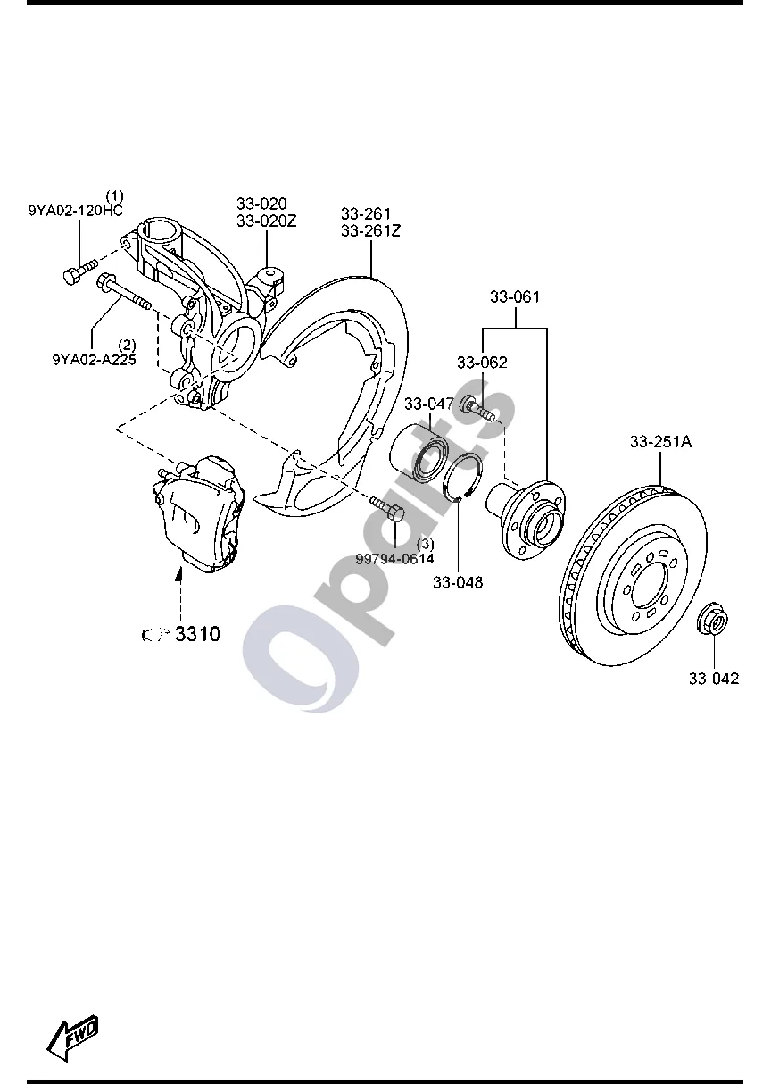 Mazda 3 II (2013–2016) Priekinė ašis schema – pozicija 33261: Dulkių dangtelis (dešinys)