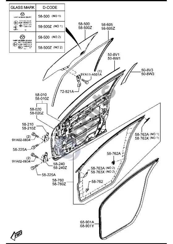 Mazda 3 II priekinės durys – schema