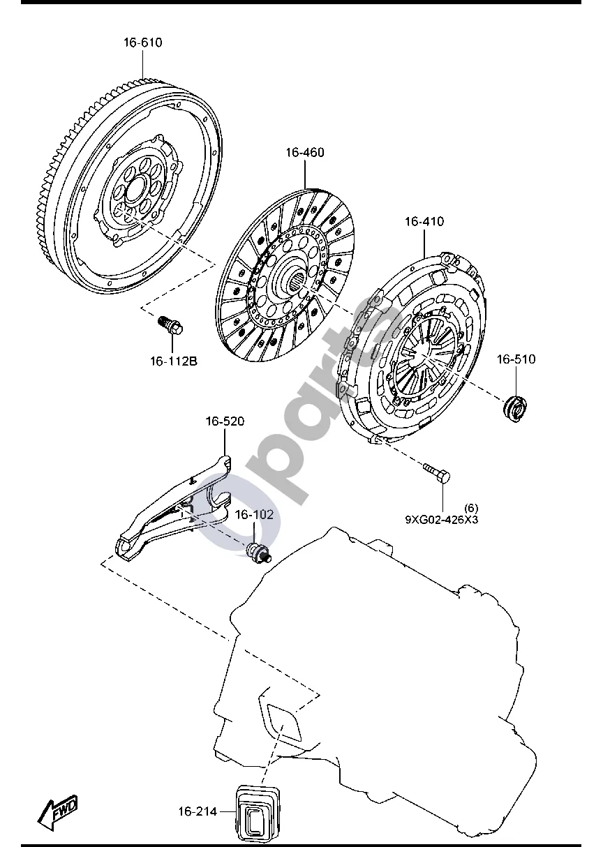 Mazda 3 II (2013–2016) Sankabos diskas ir dangtis (dyzelinas, 2200CC) schema – pozicija 16520: Sankabos išjungimo šakutė