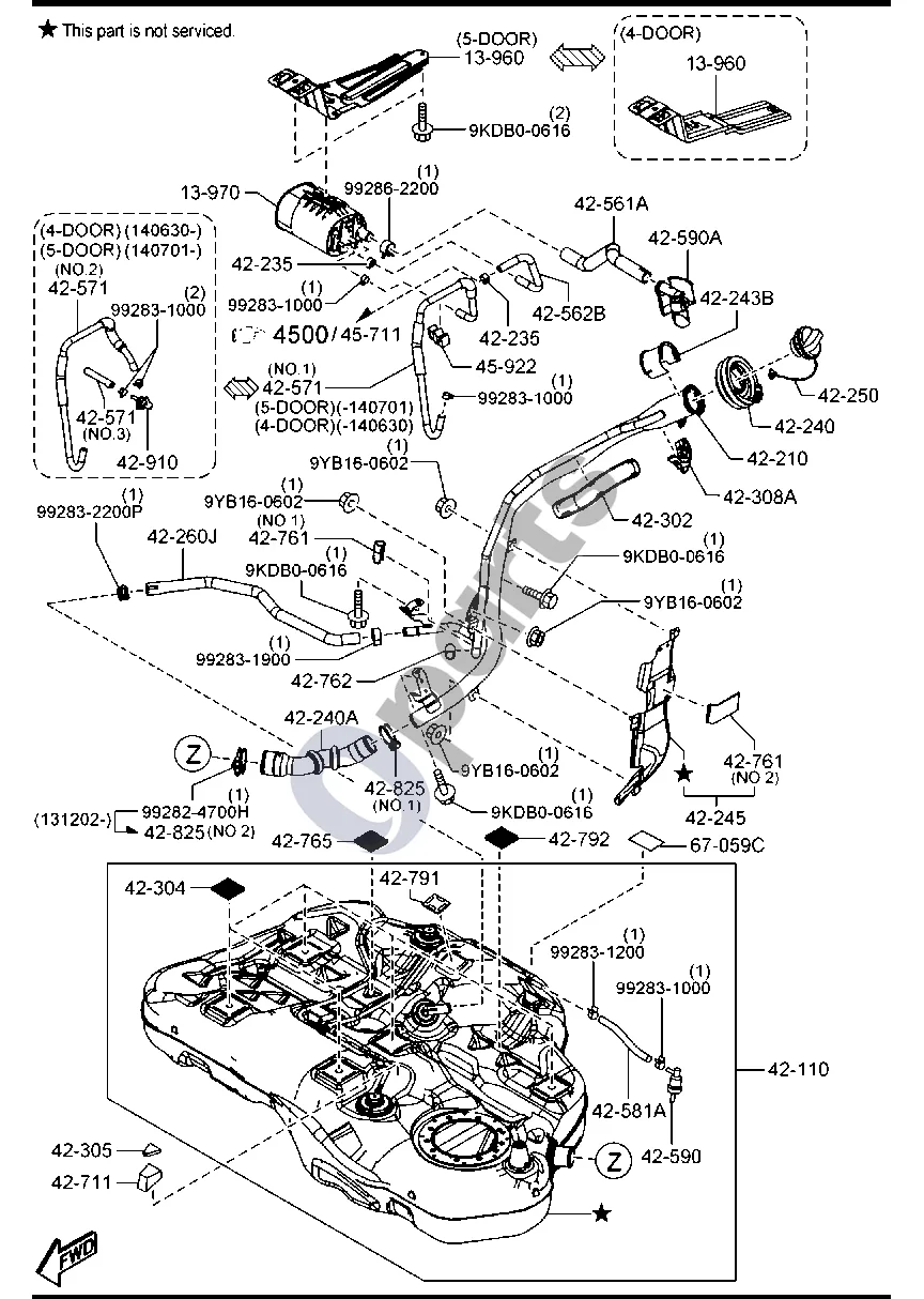 Mazda 3 III (2014–2018) Kuro bakas (benzinas) schema – pozicija 42243B: Apsauga, pildymo vamzdžio