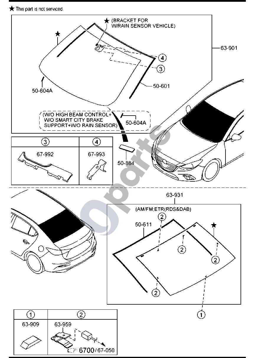 Mazda 3 III (2014–2018) Langų stiklai (4 durų) schema – pozicija 67993: Spaustukas