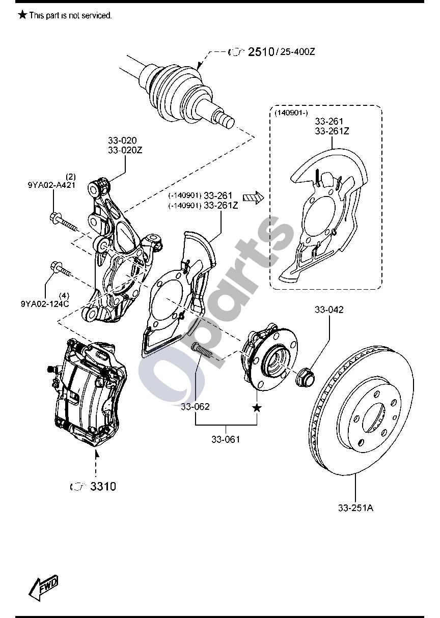 Mazda 3 III (2014–2018) Priekinė ašis schema – pozicija 33261: Dulkių dangtelis (dešinys)