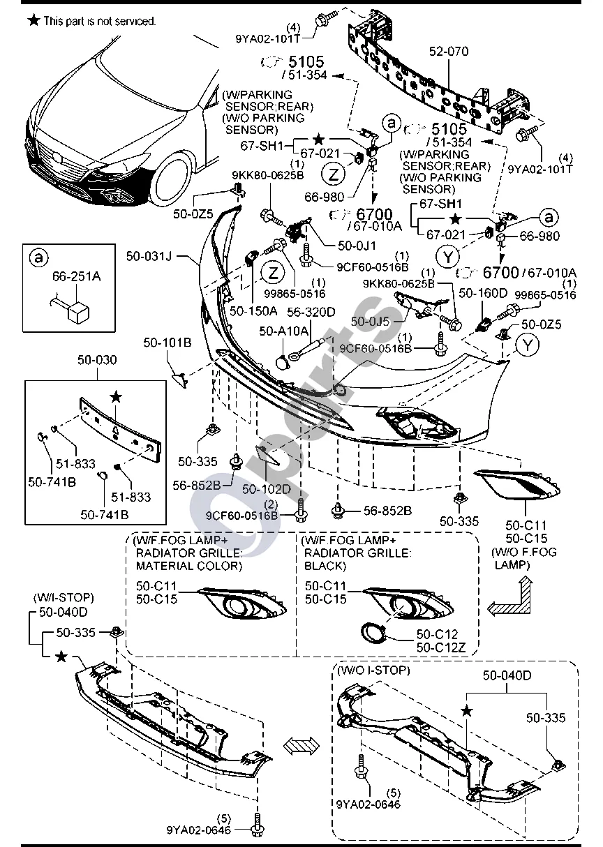Mazda 3 III (2014–2018) Priekinis bamperis schema – Trumpas laidas