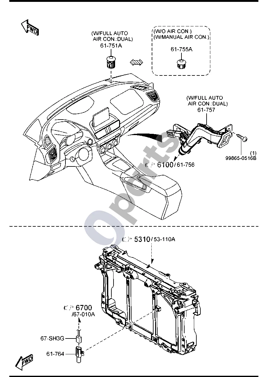 Mazda 3 (2019–) Oro kondicionierius (benzininis, 1500CC,1600CC ir 2000CC) schema – pozicija 61764: Aplinkos temperatūros jutiklis
