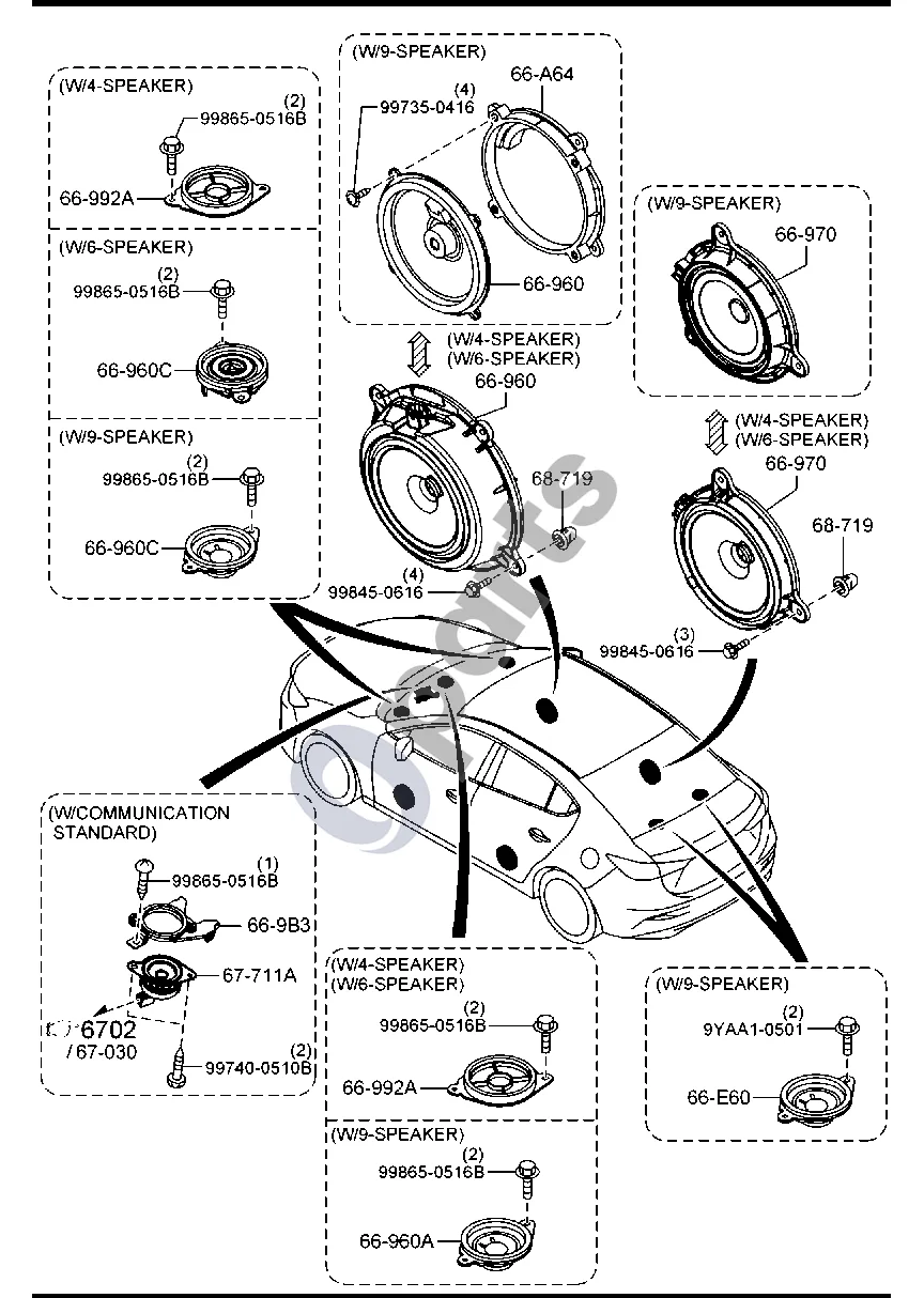 Mazda 3 (2019–) Garso sistemos (antena ir garsiakalbis, 4 durų) schema – pozicija 66970: Garsiakalbis, galinis (žemųjų dažnių)