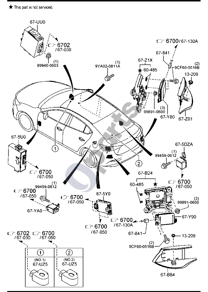 Mazda 3 (2019–) Kėbulo relės ir blokas (4 durų) schema – Beraktės sistemos imtuvas