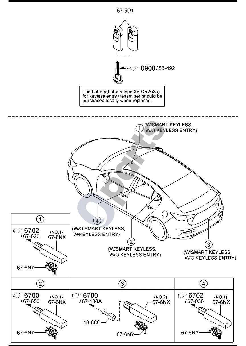 Mazda 3 (2019–) Kėbulo relės ir blokas (4 durų) schema – Antena, kairė priekinė