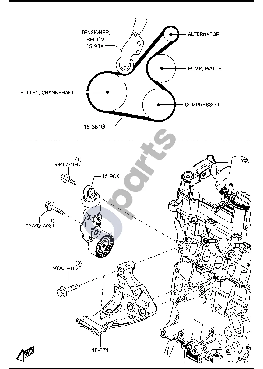 Mazda 3 (2019–) Laikiklis, skriemulys ir diržas (dyzelinis, 1500CC) schema – pozicija 18371: Laikiklis, generatorius