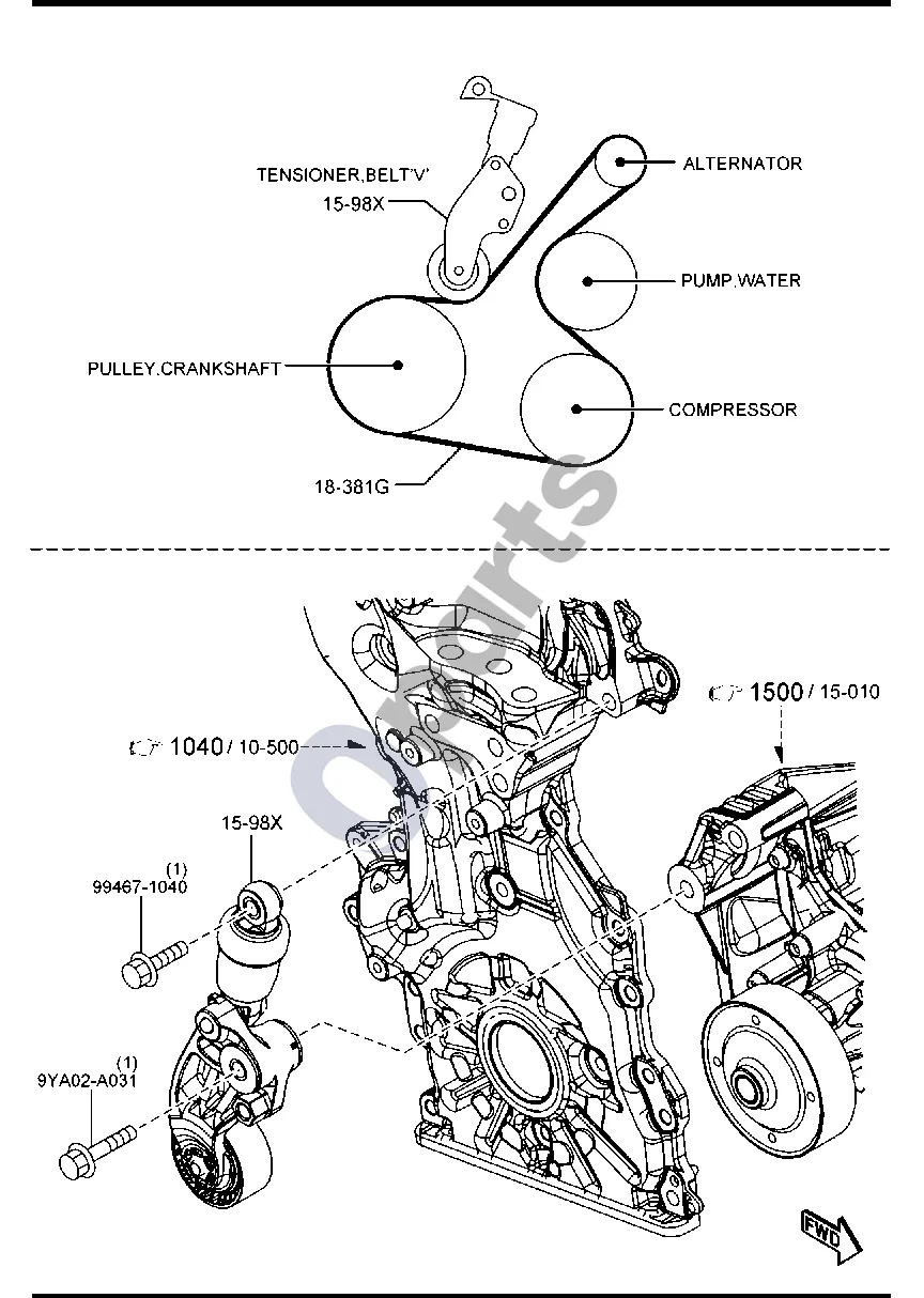 Mazda 3 (2019–) Laikiklis, skriemulys ir diržas (dyzelinas, 2200CC) schema – pozicija 18381G: V formos dirželis, generatoriaus ir oro kondicionieriaus