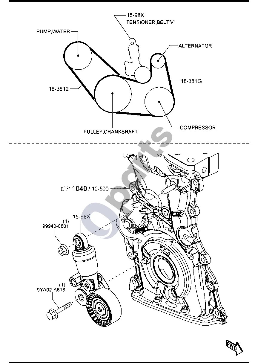 Mazda 3 (2019–) Laikiklis, skriemulys ir diržas (benzininis, 1500CC ir 2000CC) schema – pozicija 18381G: V formos dirželis, generatoriaus ir oro kondicionieriaus