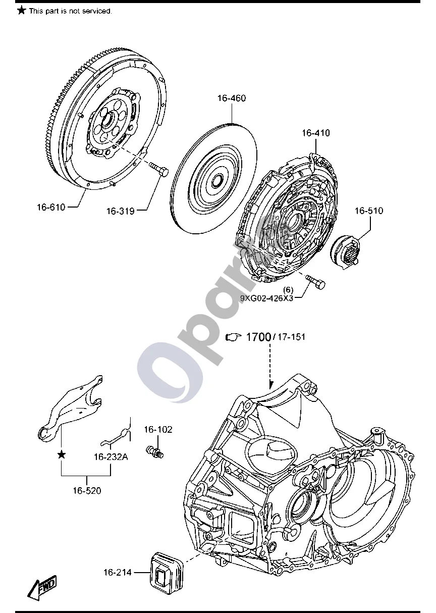 Mazda 3 (2019–) Sankabos diskas ir prispaudimo diskas (dyzelinas, 1500CC) schema – pozicija 16610: Dviejų masių smagratis