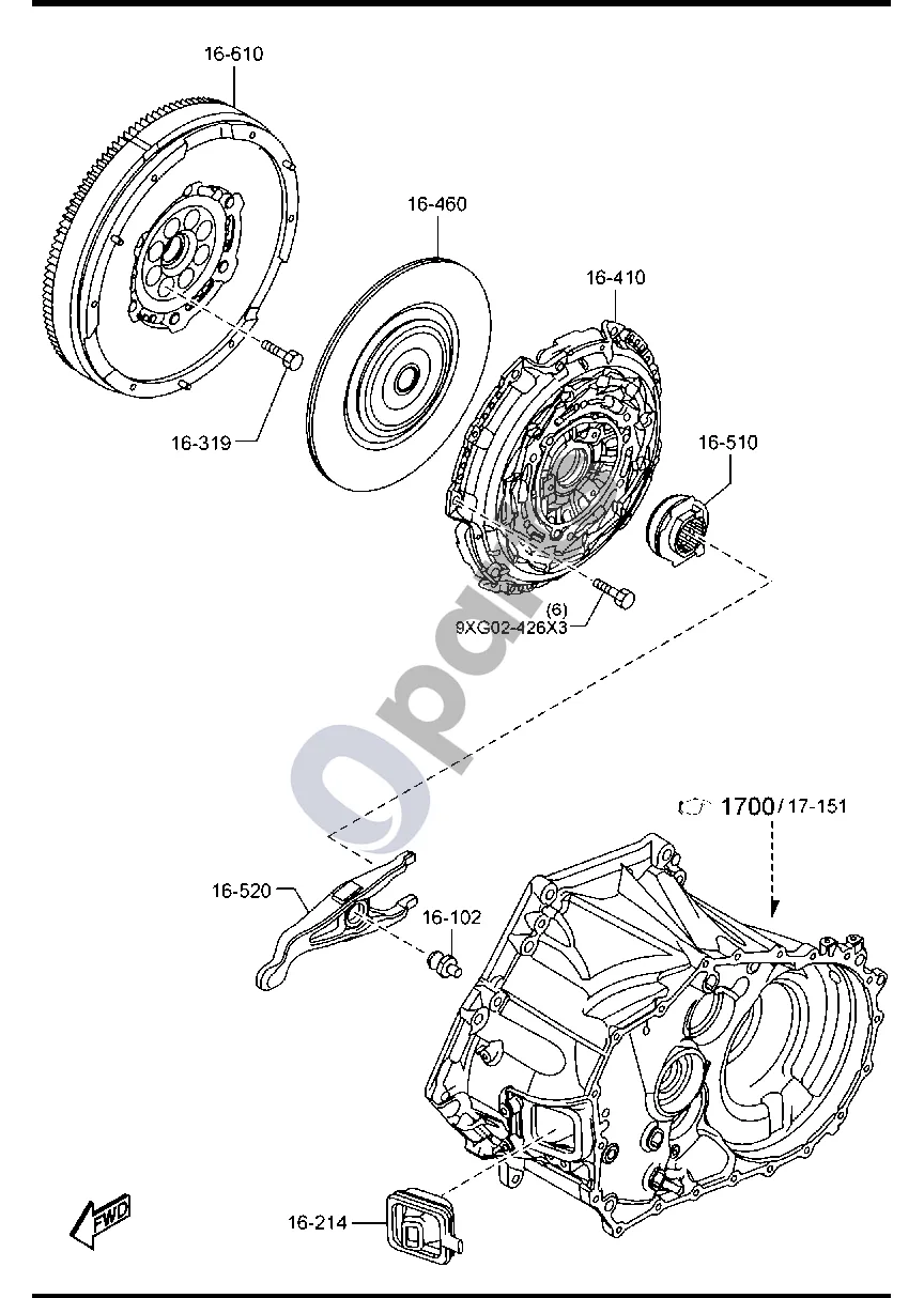 Mazda 3 (2019–) Sankabos diskas ir dangtis (dyzelinas, 2200CC) schema – pozicija 16610: Dviejų masių smagratis