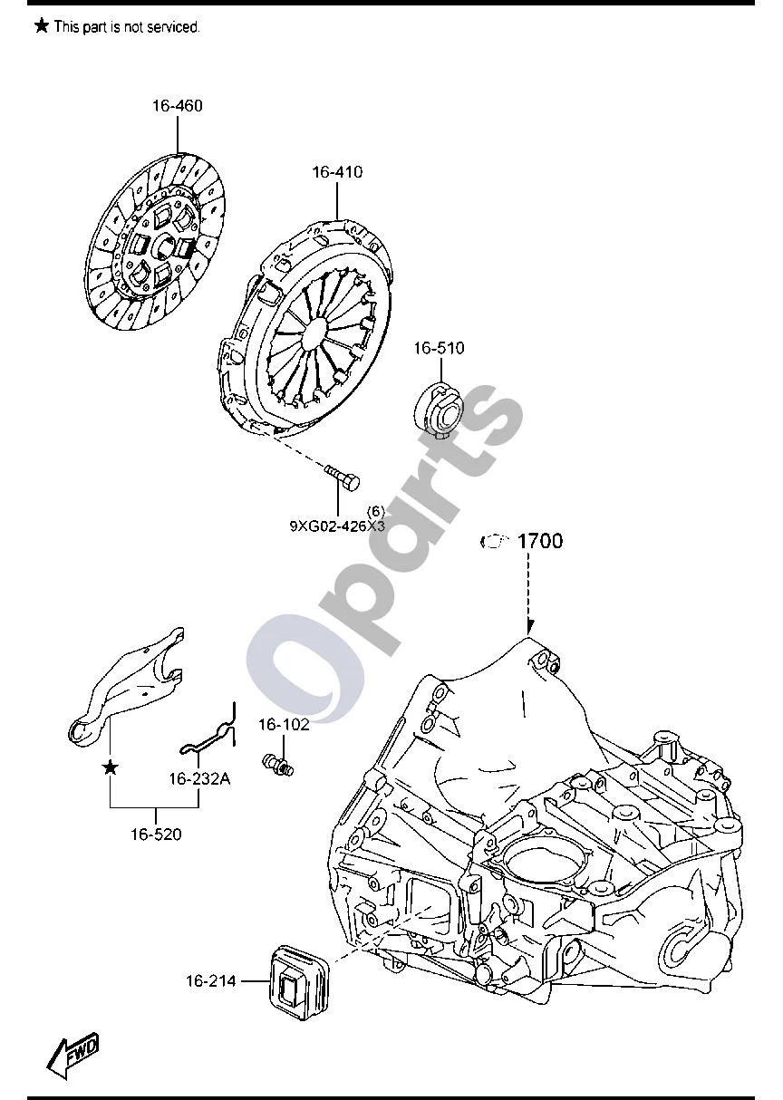 Mazda 3 (2019–) Sankabos diskas ir dangtis (benzinas, 2000CC) schema – pozicija 16102: Kaištis, ašinis – sankabos išjungimo šakutės