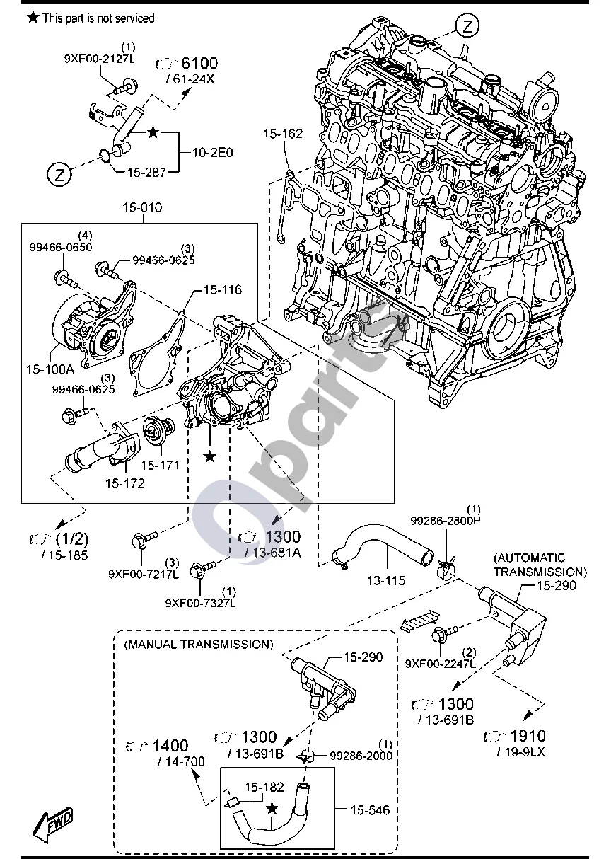 Mazda 3 (2019–) Aušinimo sistema (dyzelinas, 2200CC) schema – pozicija 15290: Vamzdis, apvedimo