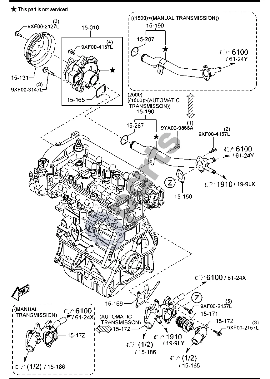 Mazda 3 (2019–) Aušinimo sistema (benzinas, 1500CC ir 2000CC) schema – pozicija 15159: Vandens išvado tarpiklis