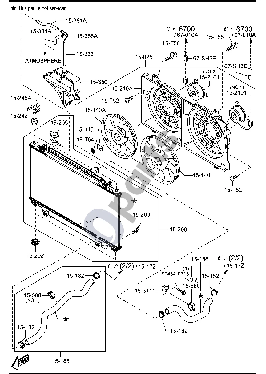Mazda 3 (2019–) Aušinimo sistema (benzinas, 1500CC ir 2000CC) schema – pozicija 15350: Papildomas radiatoriaus bakelis