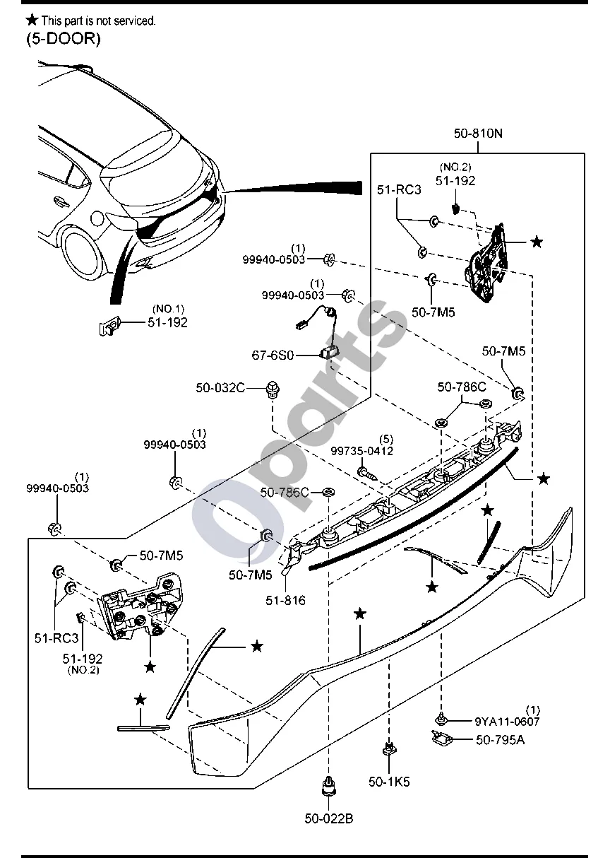 Mazda 3 (2019–) Priekinio stiklo apatinė dalis ir ištraukiamosios grotelės (5 durų) schema – Šoninės apdailos spaustukas