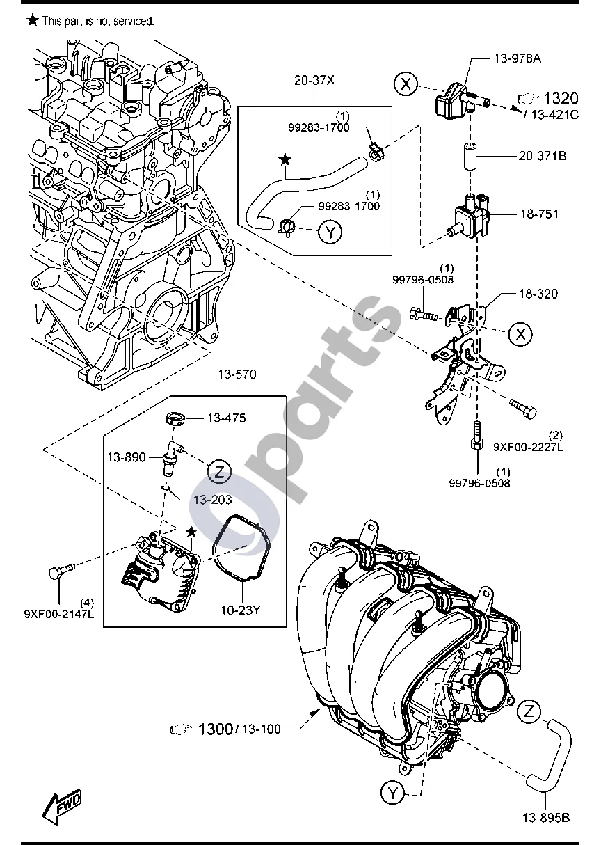 Mazda 3 (2019–) Išmetamųjų dujų valymo sistema (benzininis, 1500CC) schema – pozicija 18751: Išvalymo vožtuvas