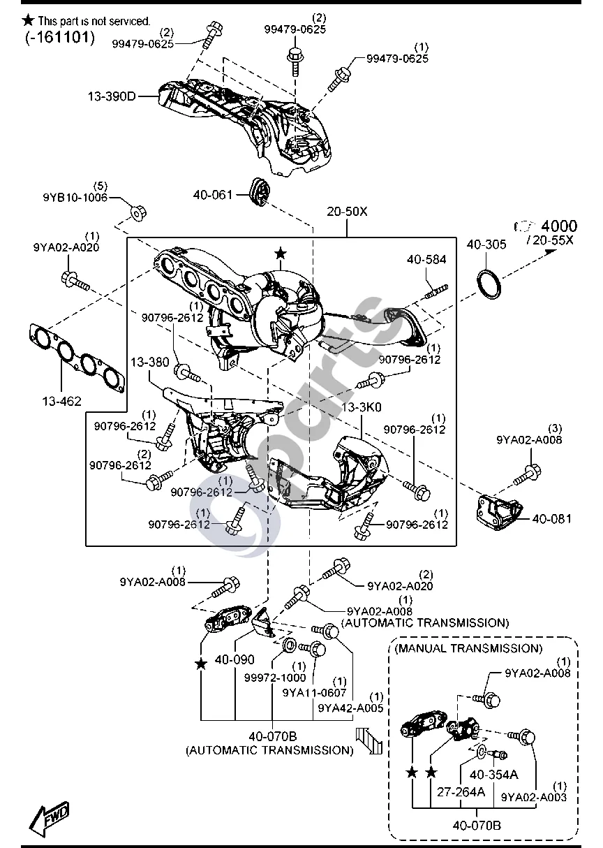 Mazda 3 (2019–) Išleidimo kolektorius (benzininis, 2000CC, -161101) schema – pozicija 40305: Tarpiklis