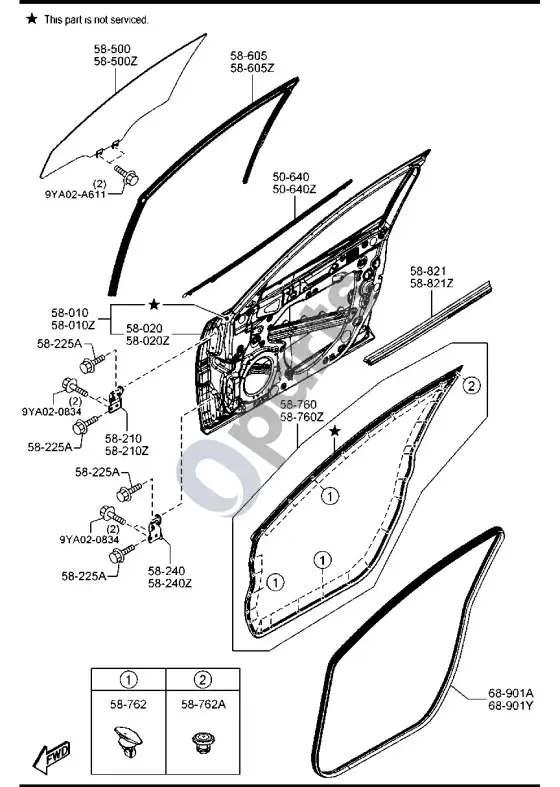 Mazda 3 priekinės durys – schema