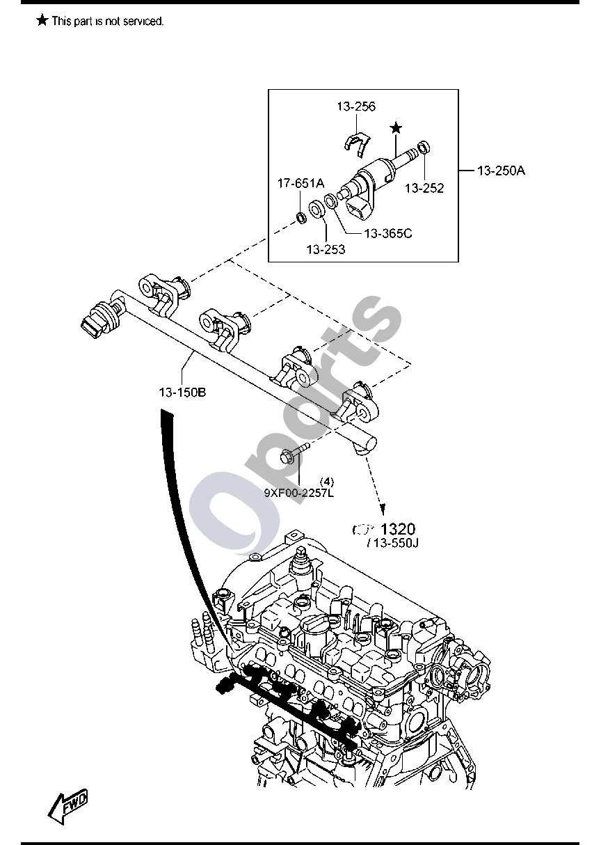 Mazda 3 (2019–) Kuro skirstytuvas (benzininis, 2000CC) schema – pozicija 13250A: Degalų purkštukas