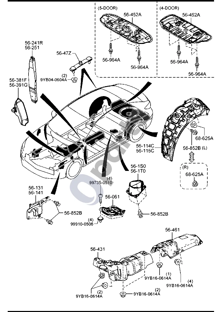 Mazda 3 (2019–) Grindų tvirtinimo detalės schema – pozicija 56141: Purvasaugis (kairys)