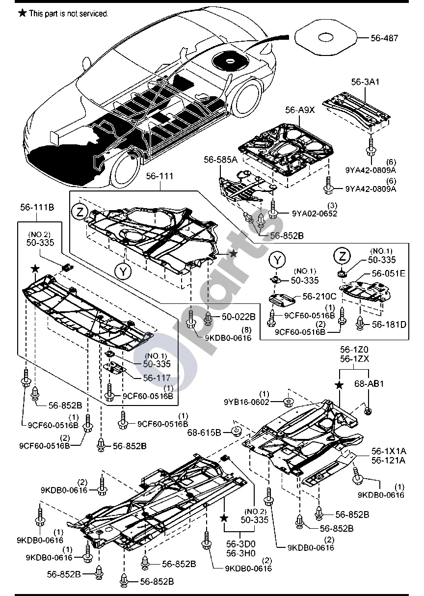 Mazda 3 (2019–) Grindų tvirtinimo detalės schema – pozicija 56121A: Apatinis dangtelis (kairė)