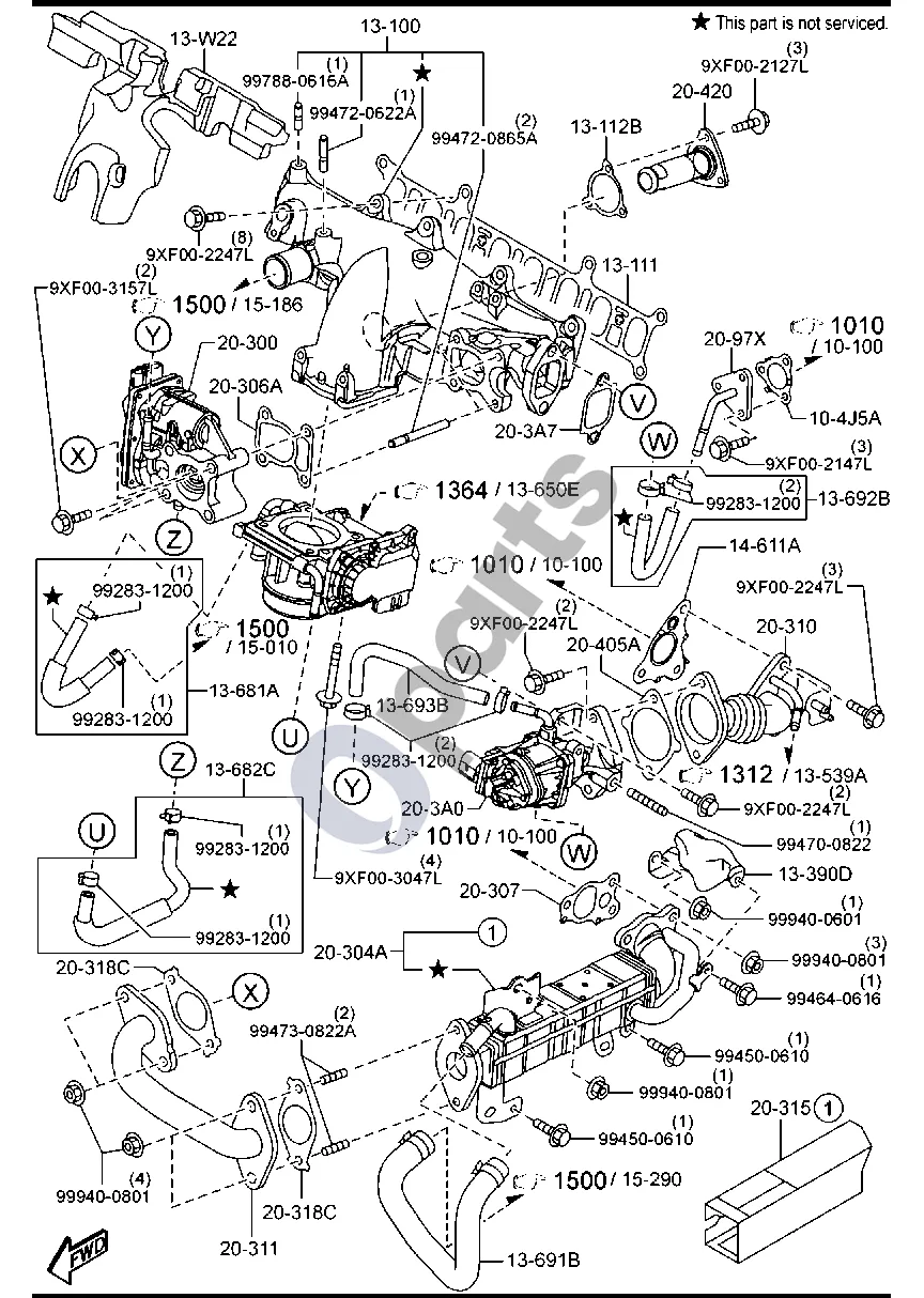 Mazda 3 (2019–) Įsiurbimo kolektorius (dyzelinis, 2200CC) schema – pozicija 20306A: EGR vožtuvo tarpiklis