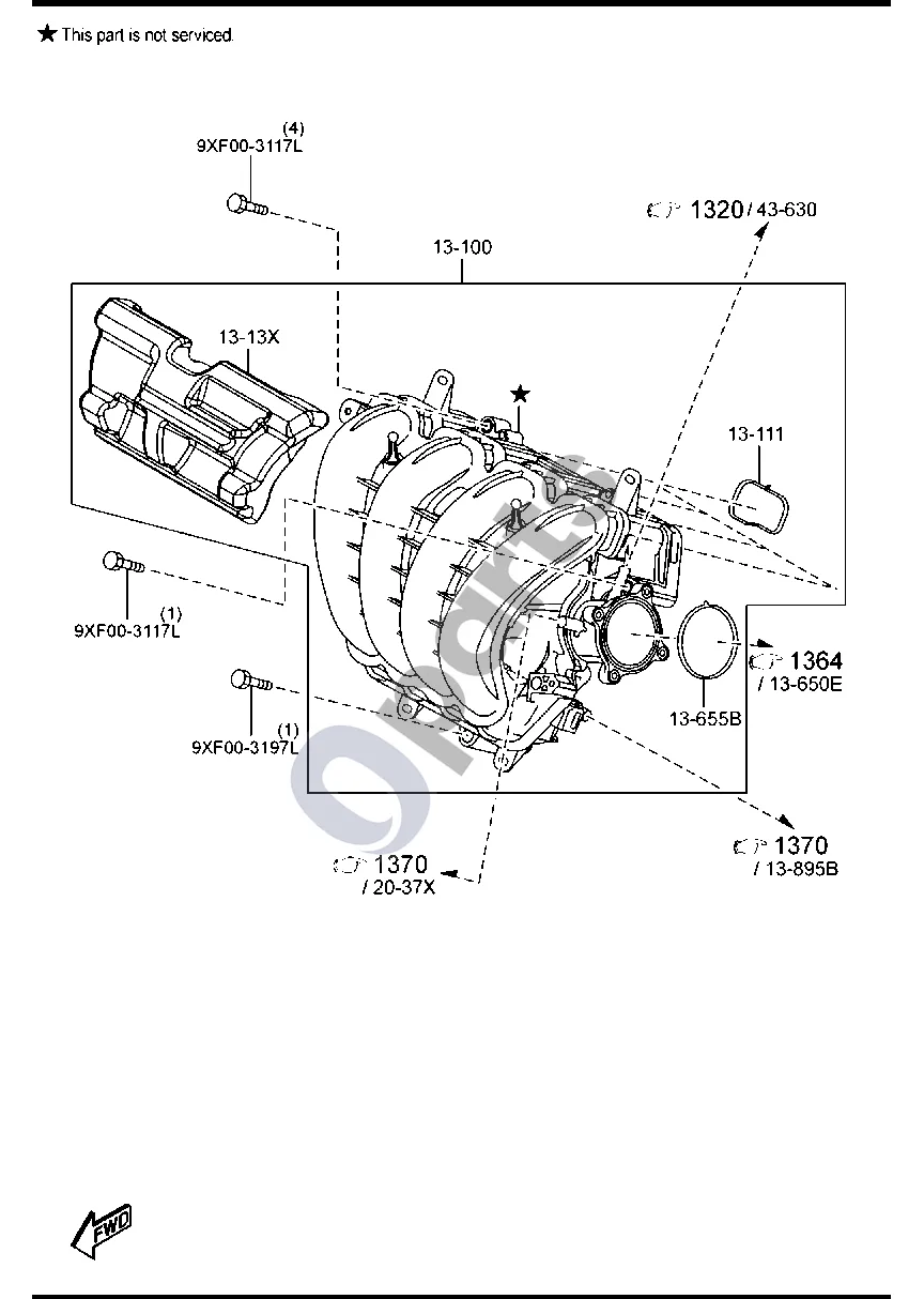 Mazda 3 (2019–) ĮSIURBIMO KOLEKTORIUS (BENZININIS, 2000CC) schema – pozicija 13111: Įsiurbimo kolektoriaus tarpiklis