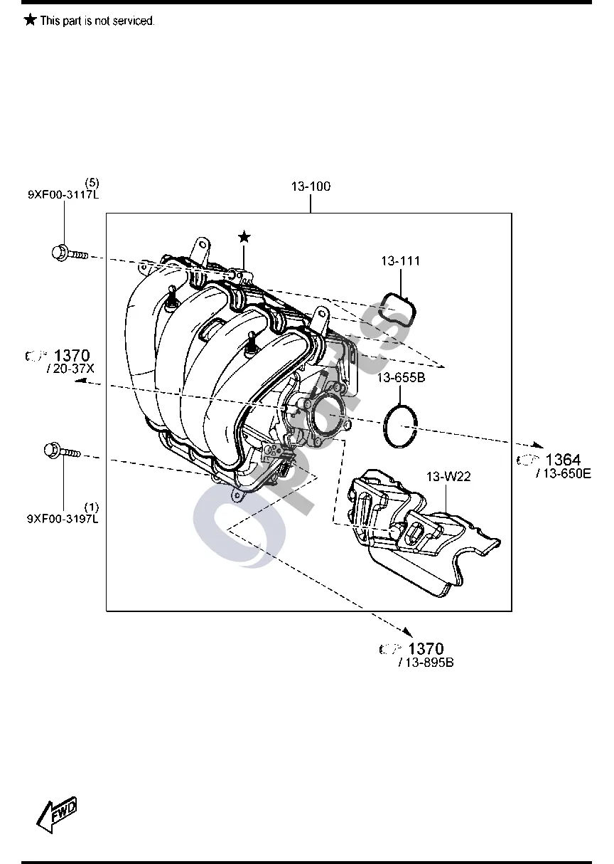 Mazda 3 (2019–) Įsiurbimo kolektorius (benzininis, 1500 cm³) schema – pozicija 13655B: Droselio sklendės tarpiklis